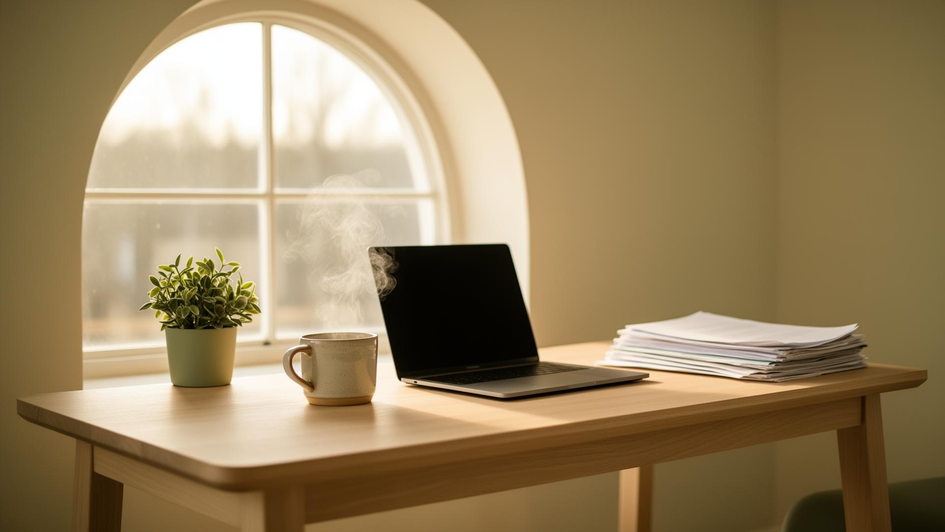 Roligt skrivebord med laptop, dokumenter, plante og kaffekop — illustration
